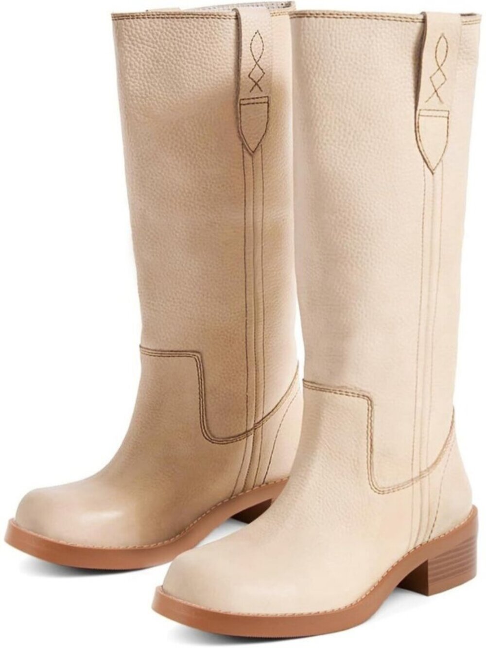 Women's Cream Knee High Boots Round Toe Tall Long Boots Vintage Pull On Low Heel - Picture 5 of 6
